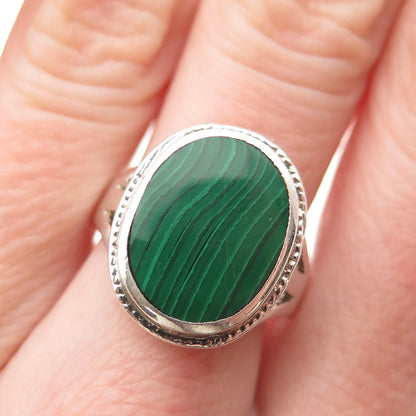 925 Sterling Silver Vintage Real Oval-Cut Malachite Ring Size 8.75