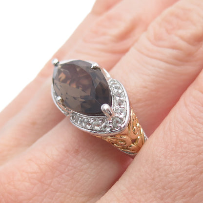925 Sterling Silver 2-Tone Real Smoky Quartz & White Topaz Ring Size 9.25