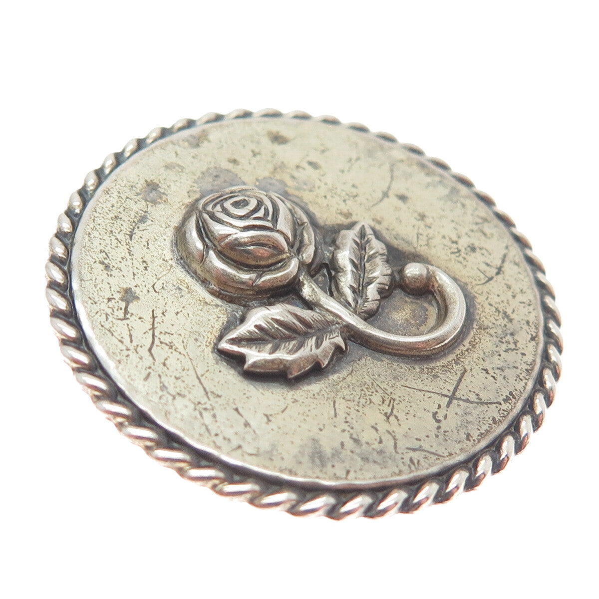 BEAU 925 Sterling Silver Antique Rose Flower Twisted Accent Round Pin Brooch