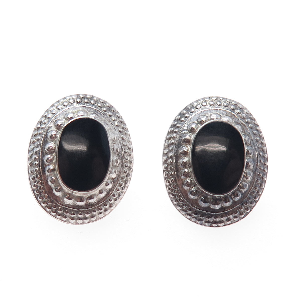 925 Sterling Silver Vintage Real Black Onyx Beaded Oxidized Earrings