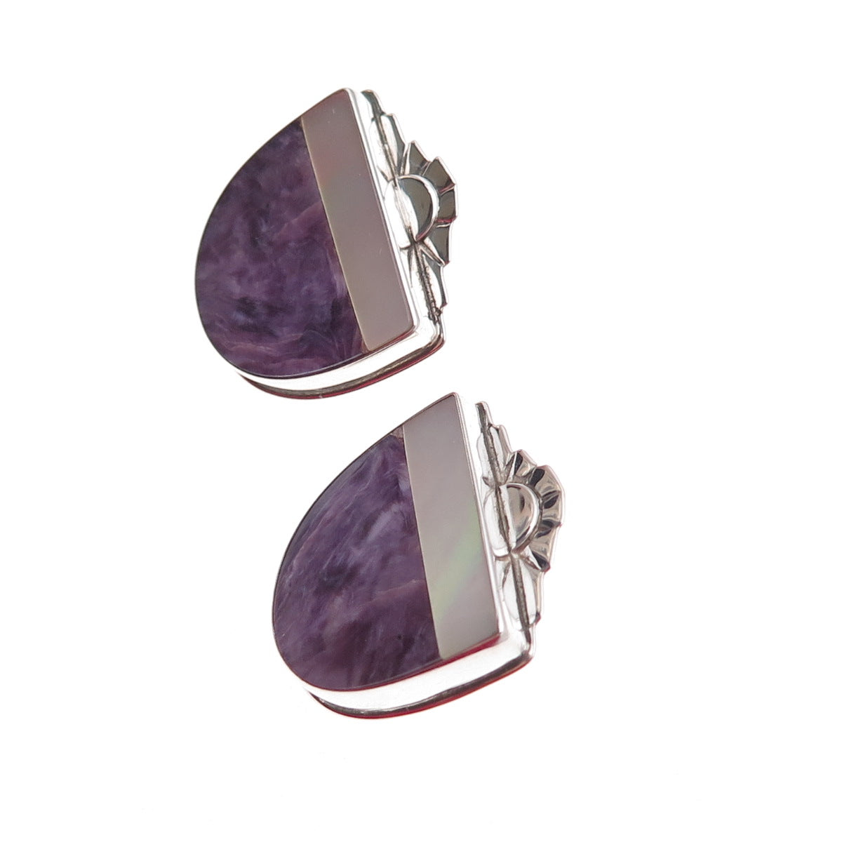 David Epstein 925 Sterling Silver Vintage Real Charoite & MOP Modernist Earrings