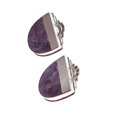 David Epstein 925 Sterling Silver Vintage Real Charoite & MOP Modernist Earrings