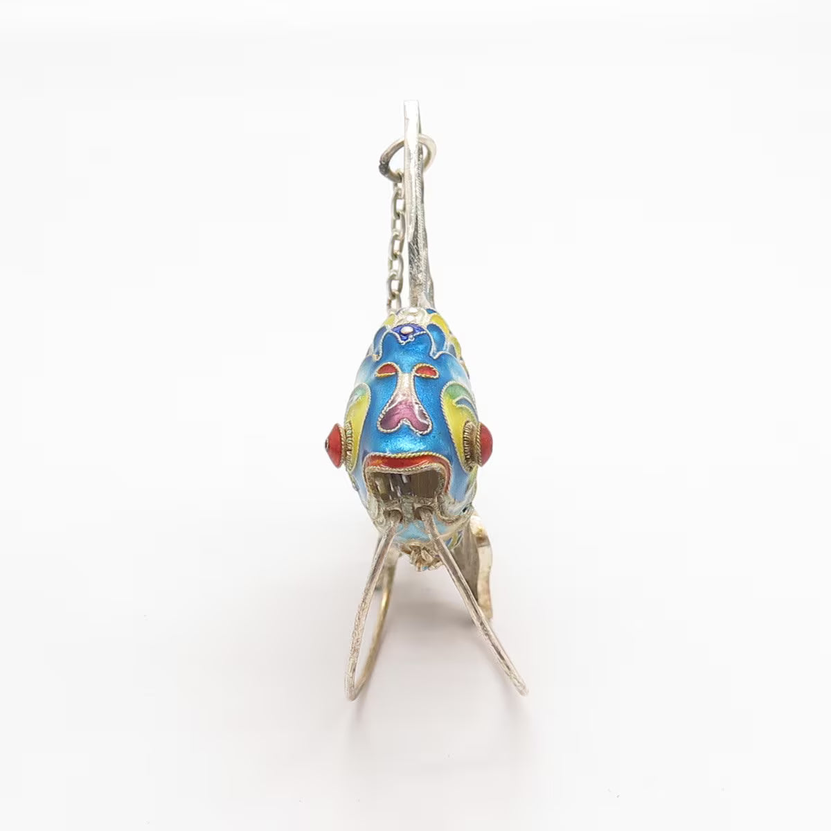 925 Sterling Silver Antique Enamel Articulated Chinese Koi Fish Chatelaine Fob