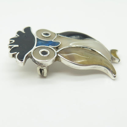 925 Sterling Silver Vintage Mexico Real Onyx Agate MOP Wise Owl Pin Brooch