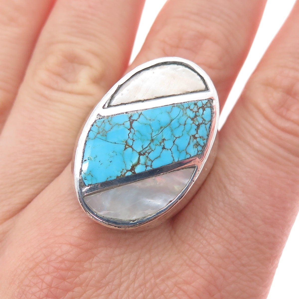 Old Pawn 925 Sterling Silver Vintage Southwestern Turquoise & MOP Ring Size 11.5