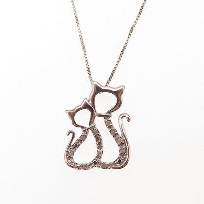 Charles Winston 925 Sterling Silver Real Diamond Mom & Child Cat Necklace 18"