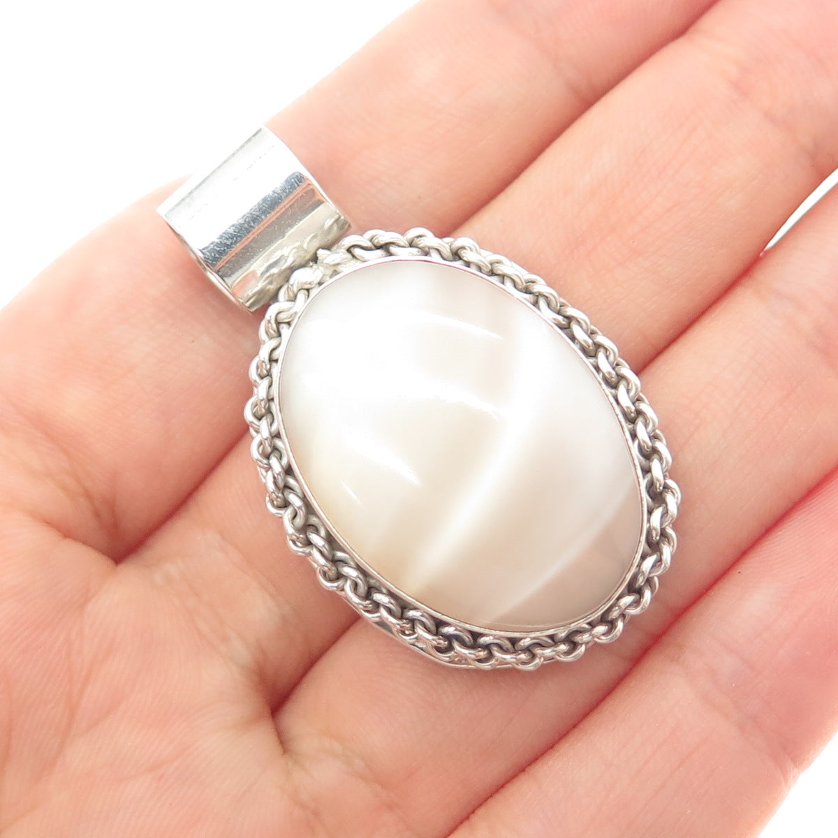 925 Sterling Silver Vintage Mexico Real Mother-of-Pearl Charm Pendant