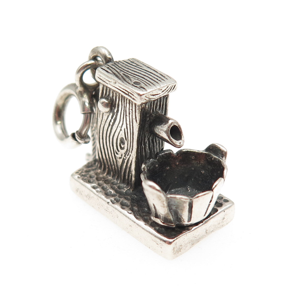925 Sterling Silver Vintage Water Pump & Bucket Spring Ring Lock 3D Mini Pendant