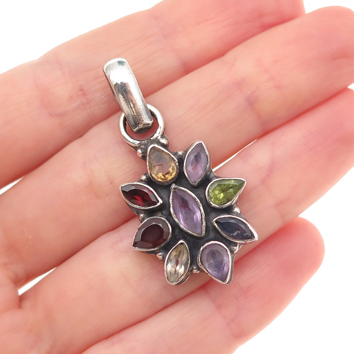 925 Sterling Silver Vintage Real Amethyst Garnet Peridot Citrine Iolite Pendant
