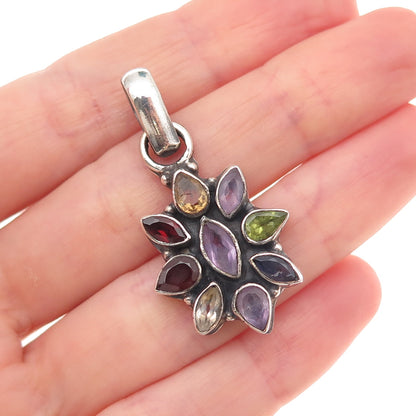 925 Sterling Silver Vintage Real Amethyst Garnet Peridot Citrine Iolite Pendant