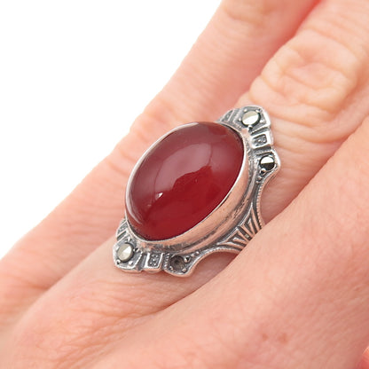 925 Sterling Silver Antique Art Deco Real Carnelian & Marcasite Ring Size 4.5