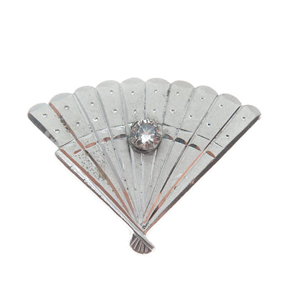925 Sterling Silver Vintage Real White Topaz Japanese Fan Pin Brooch