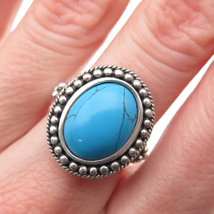 925 Sterling Silver Vintage Real Turquoise Ball Beaded Ring Size 6