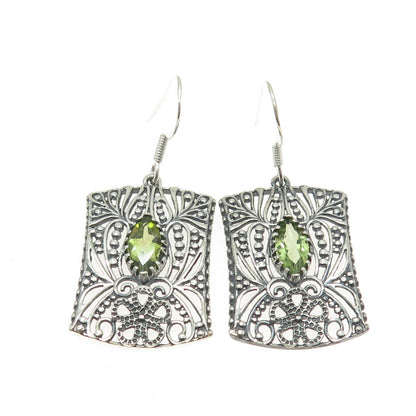 925 Sterling Silver Vintage Real Peridot Flower Oxidized Dangle Earrings