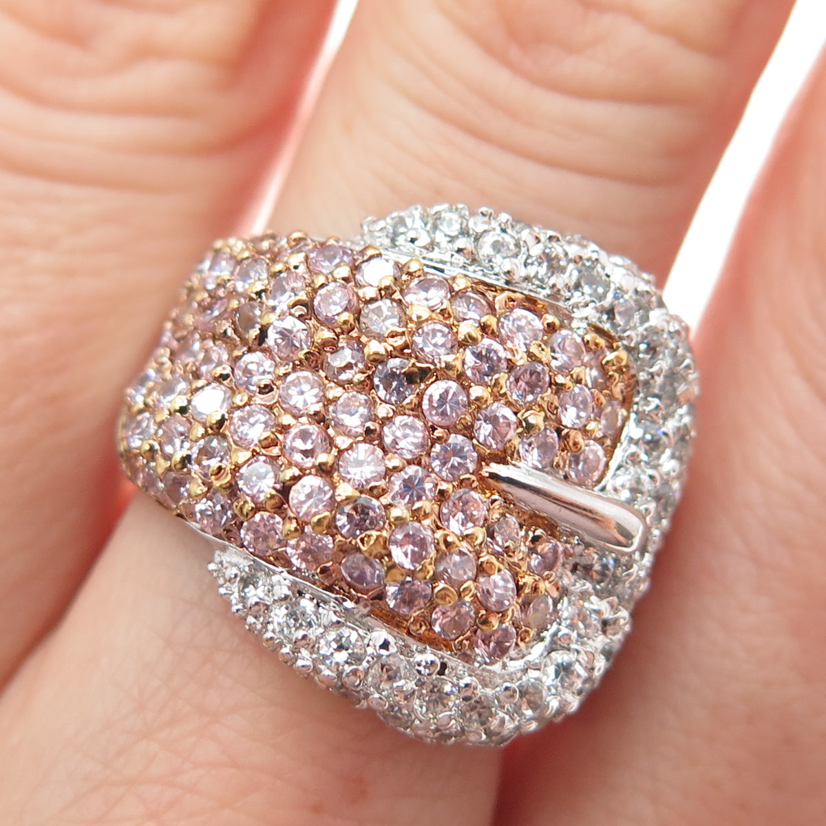 925 Sterling Silver 2-Tone Round-Cut Pink & White C Z Belt Buckle Ring Size 7