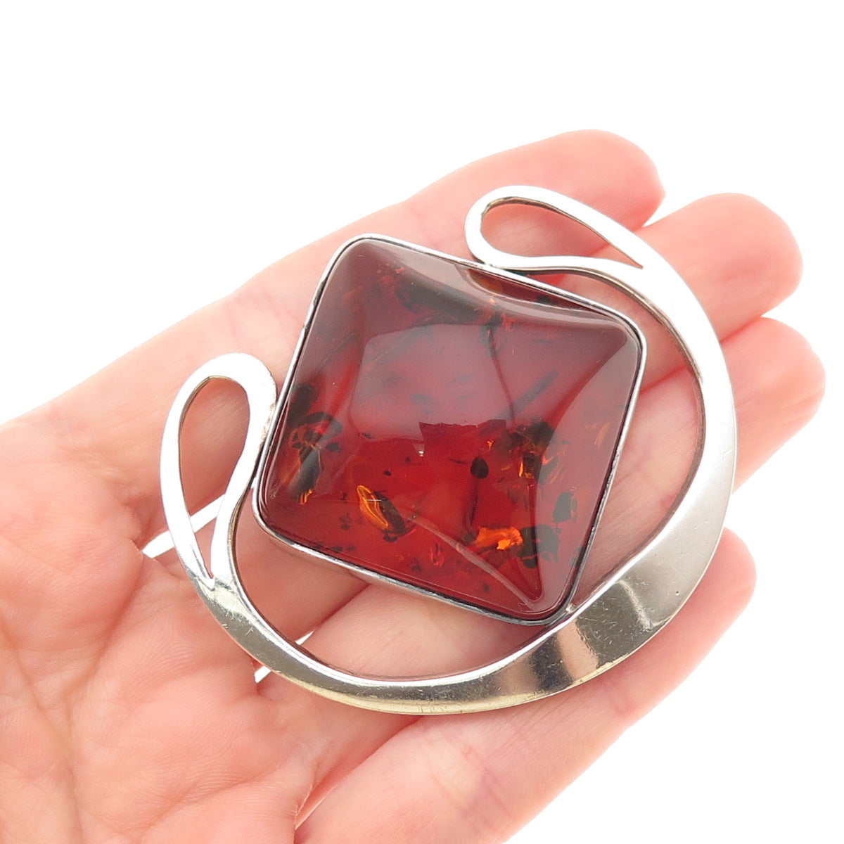 925 Sterling Silver Vintage Real Amber Modernist Oxidized Large Pin Brooch
