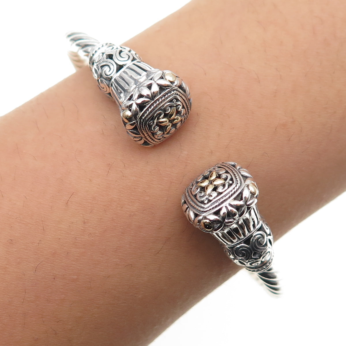 ANNIKA WITT 925 Sterling Silver 14K Gold Vintage Floral Cuff Bracelet 6.25"