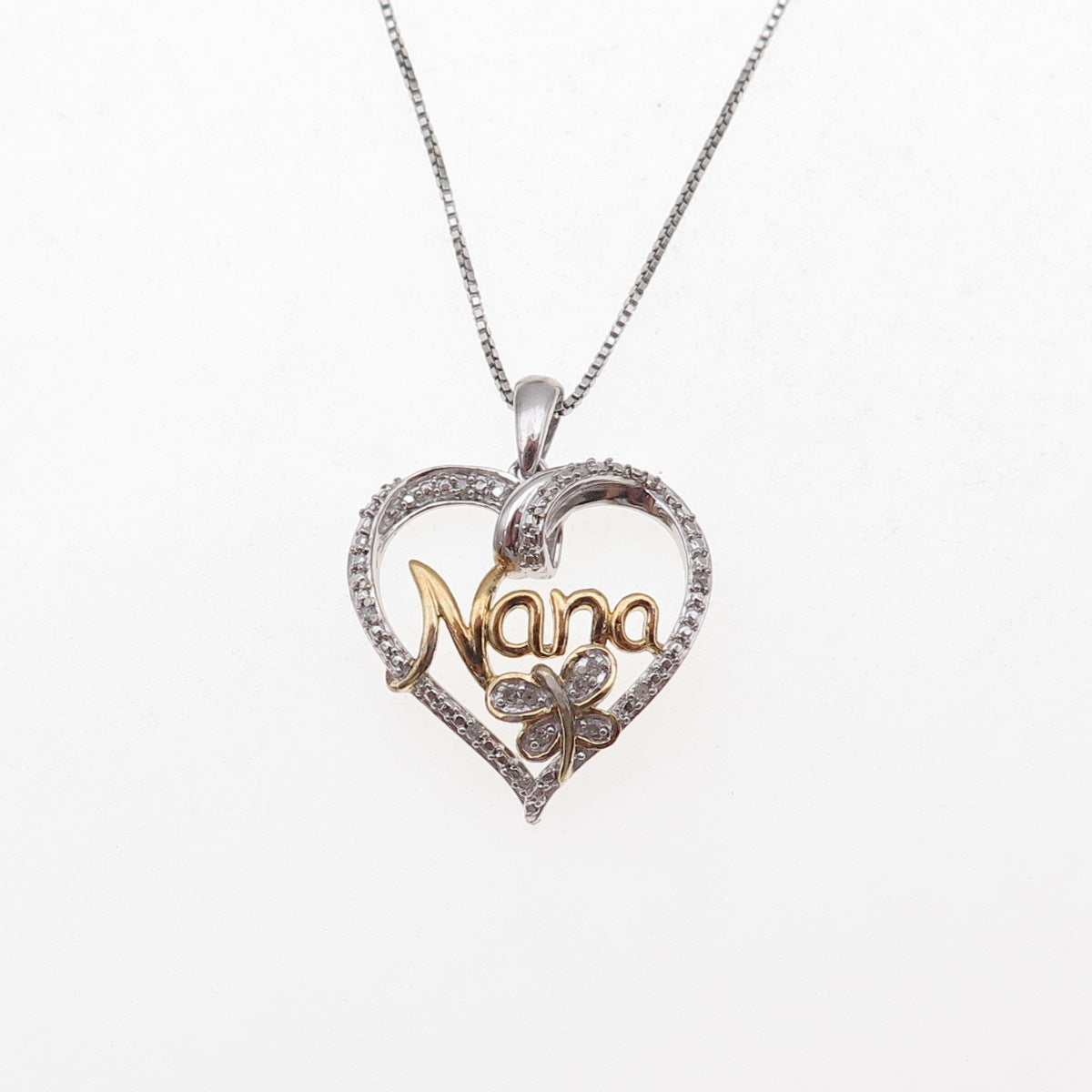 925 Sterling Silver 2-Tone Real Diamond Nana Heart Box Chain Necklace 18"