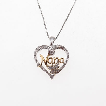 925 Sterling Silver 2-Tone Real Diamond Nana Heart Box Chain Necklace 18"