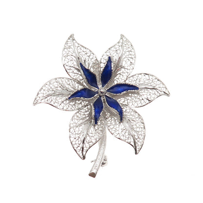 Van Lou 925 Sterling Silver Vintage Enamel Floral Filigree Pin Brooch