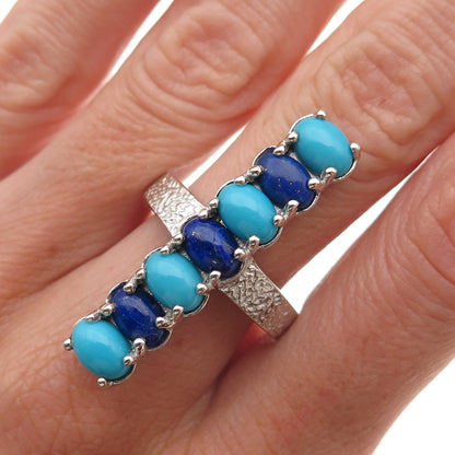 925 Sterling Silver Real Cabochon Turquoise & Lapis Bar Ring Size 8.25