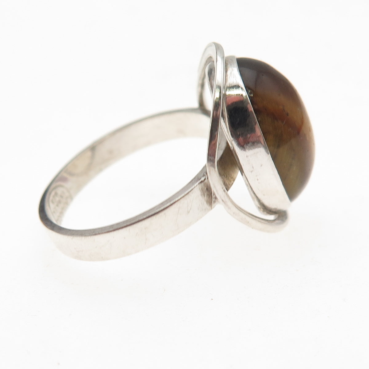 925 Sterling Silver Vintage Israel Real Tiger Eye Modernist Oxidized Ring Size 6