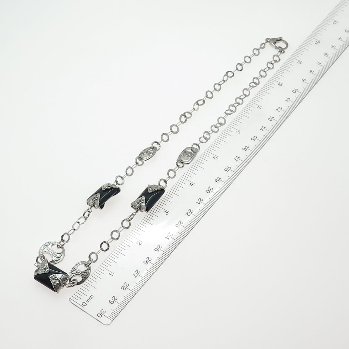DOBBS Sterling Silver Vintage Italy Real Black Onyx Station Chain Necklace 20"