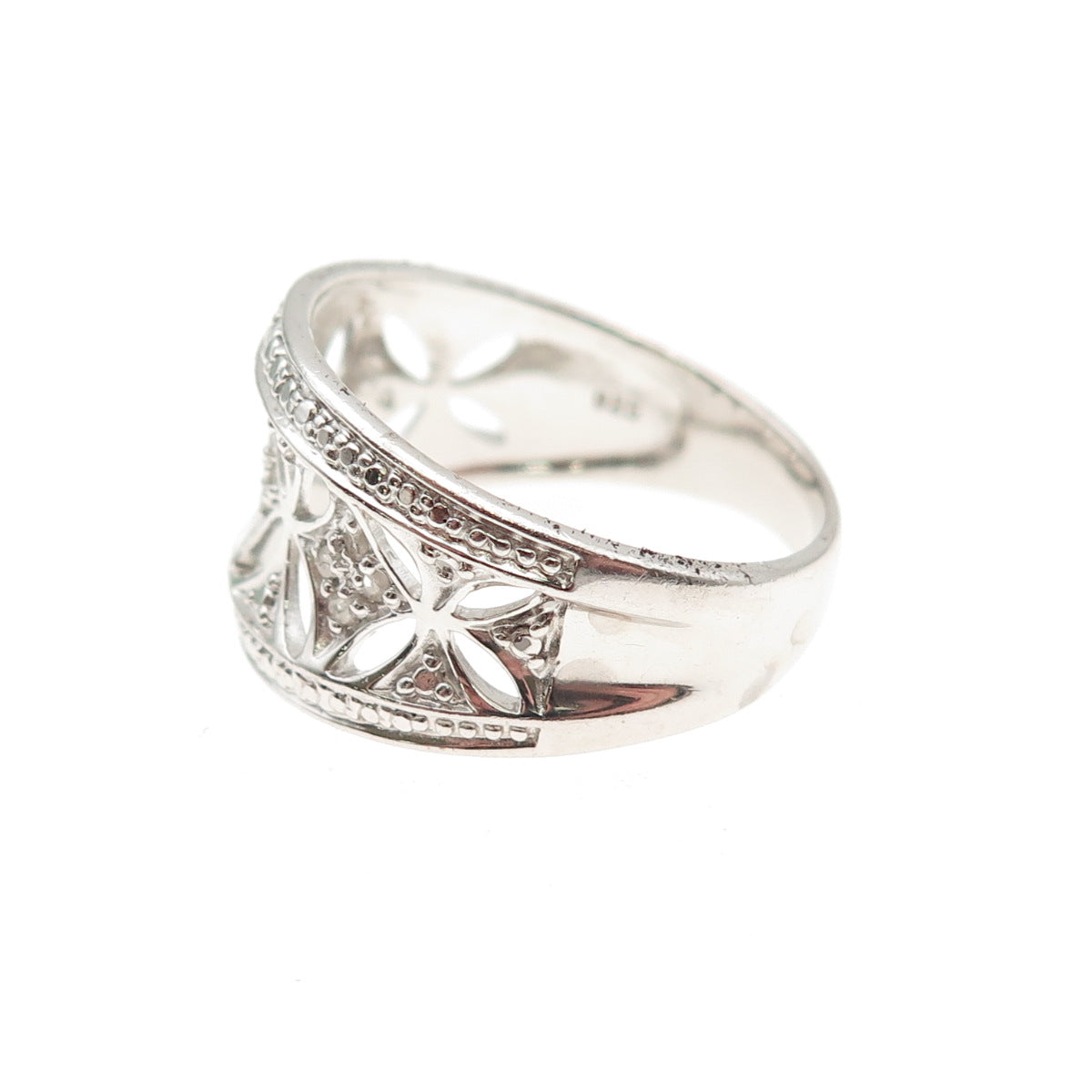 RJ GRAZIANO 925 Sterling Silver Real Round-Cut Diamond Floral Ring Size 10