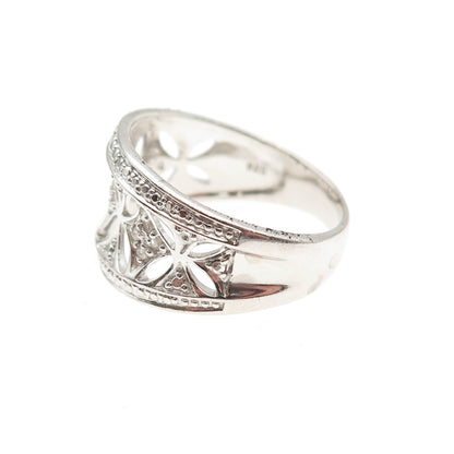 RJ GRAZIANO 925 Sterling Silver Real Round-Cut Diamond Floral Ring Size 10