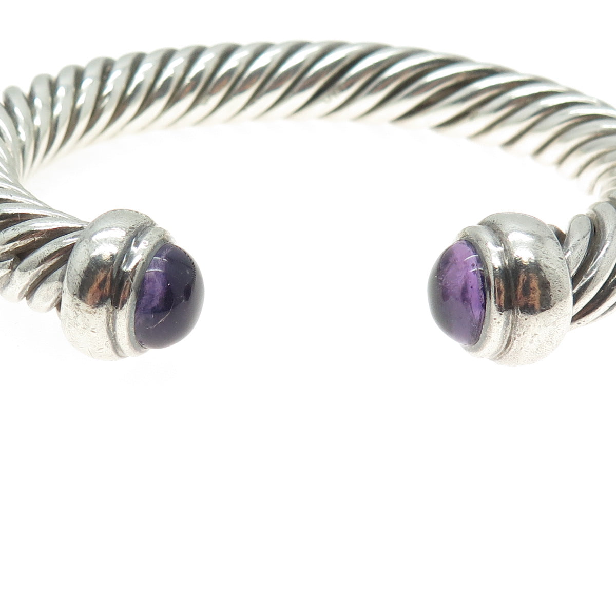 925 Sterling Silver Vintage Amethyst Gem Twisted Cuff Heavy Bracelet 6.75"