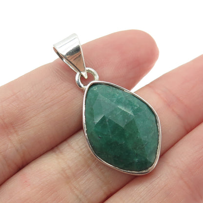 925 Sterling Silver Vintage Real Oval Rhombus-Cut Emerald Pendant