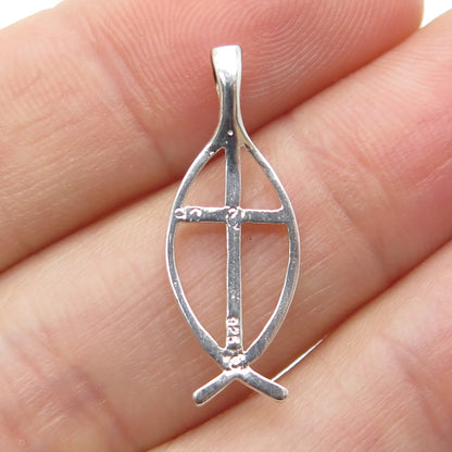 925 Sterling Silver Vintage Ichthys Symbol Cross Religious Pendant