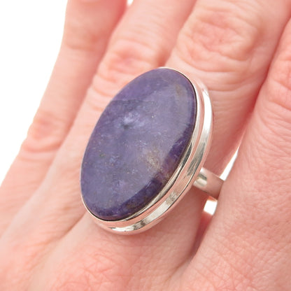 925 Sterling Silver Vintage Real Oval-Cut Lepidolite Ring Size 8