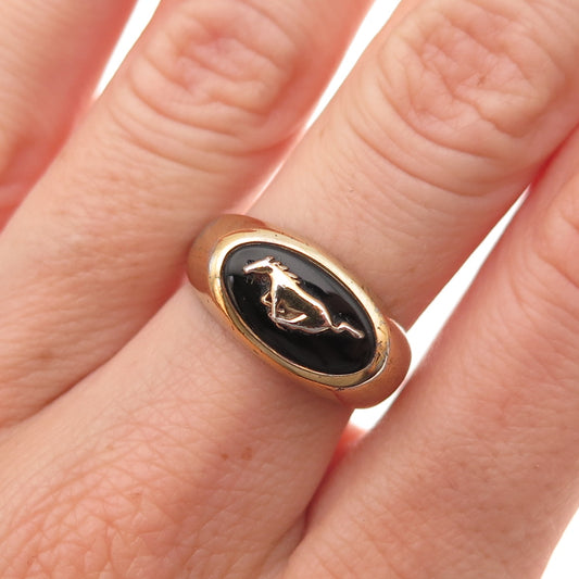 L.G. Balfour 925 Sterling Vermeil Vintage Onyx Ford Mustang Crest Ring Size 7.5