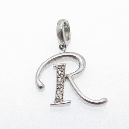 925 Sterling Silver Real Round-Cut Diamond Letter "R" Charm Pendant