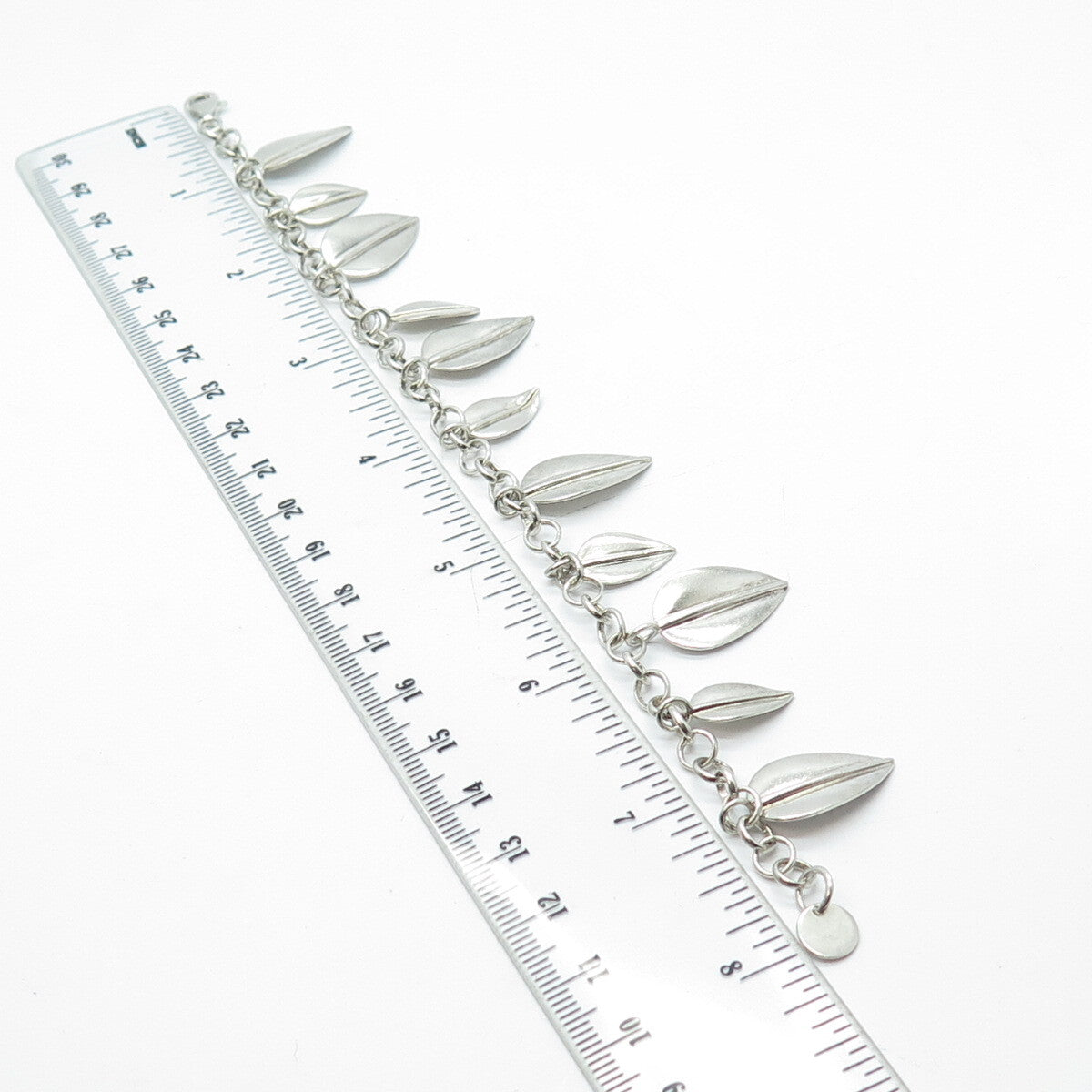 925 Sterling Silver Vintage Floral Leaf Charm Rolo Link Bracelet 7.5"