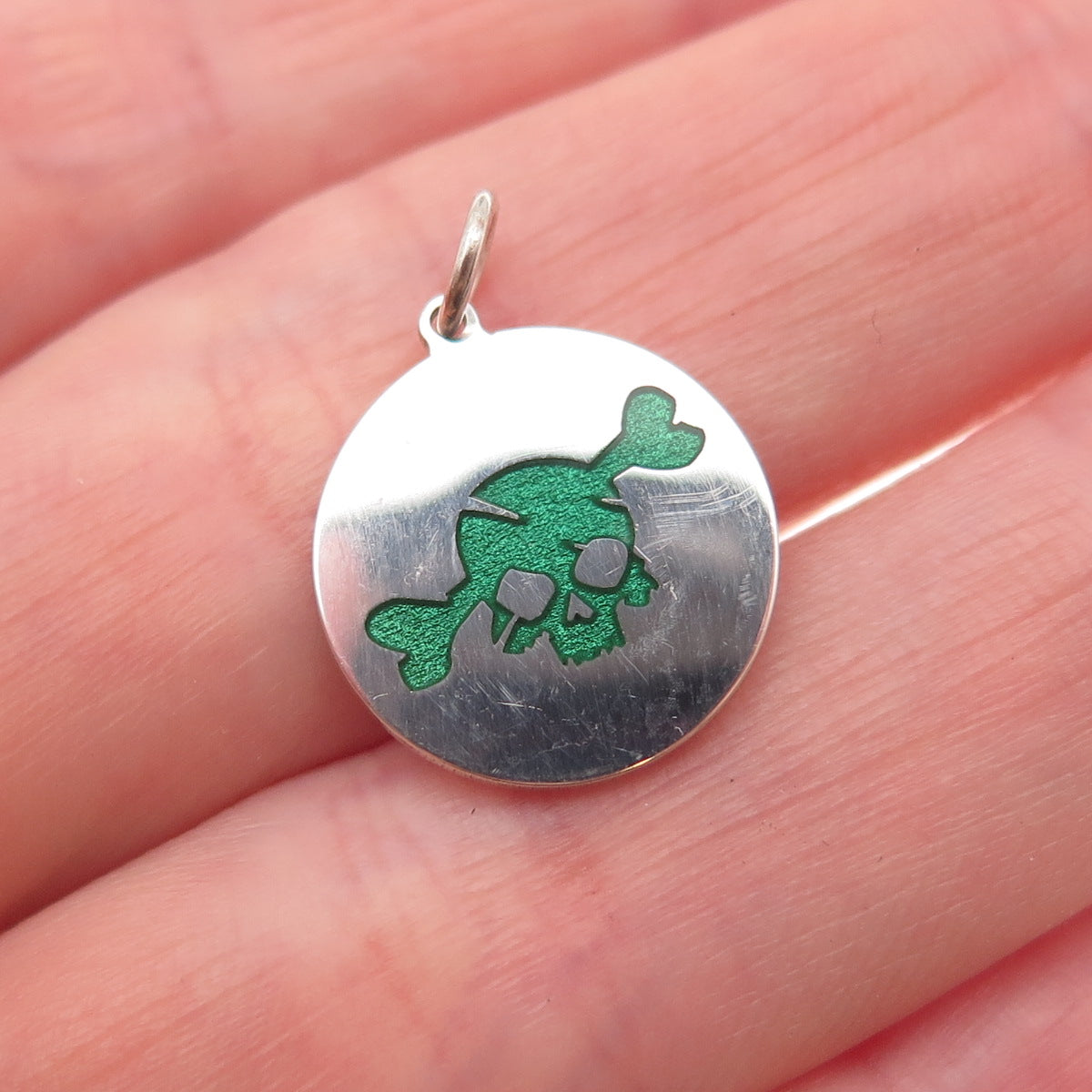925 Sterling Silver Green Enamel Skull & Bone Charm Pendant