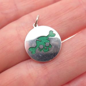 925 Sterling Silver Green Enamel Skull & Bone Charm Pendant