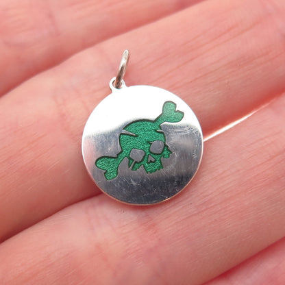 925 Sterling Silver Green Enamel Skull & Bone Charm Pendant