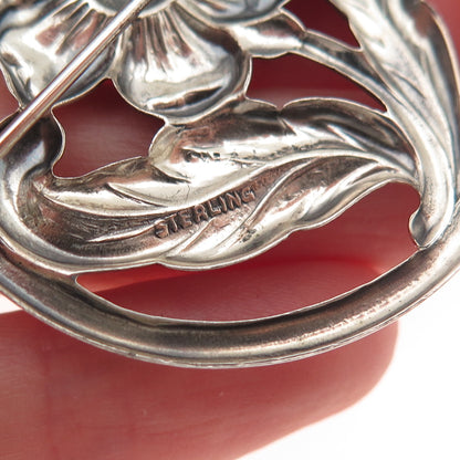 925 Sterling Silver Vintage Floral Oxidized Pin Brooch