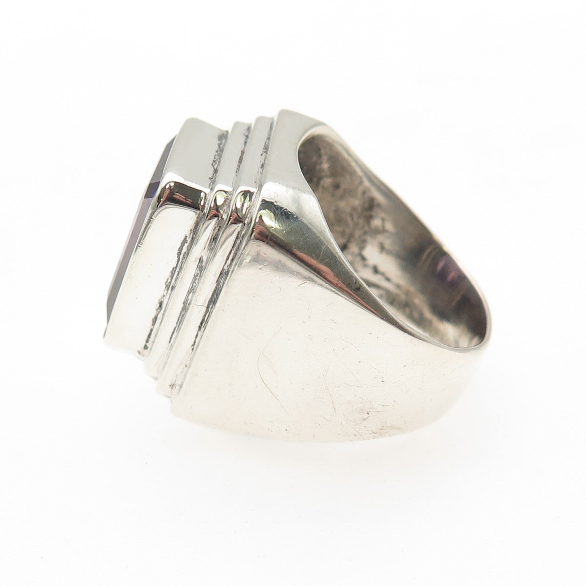 925 Sterling Silver Vintage Real Emerald-Cut Amethyst Modernist Ring Size 7.25
