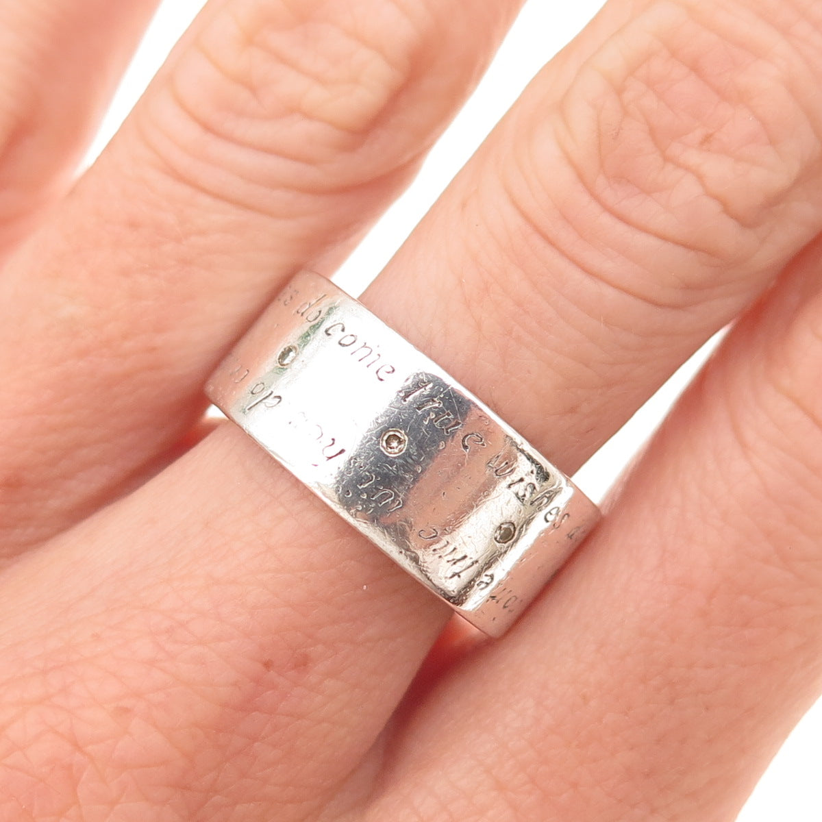 925 Sterling Silver Vintage Real Diamond Wishes Do Come True Band Ring Size 8.75