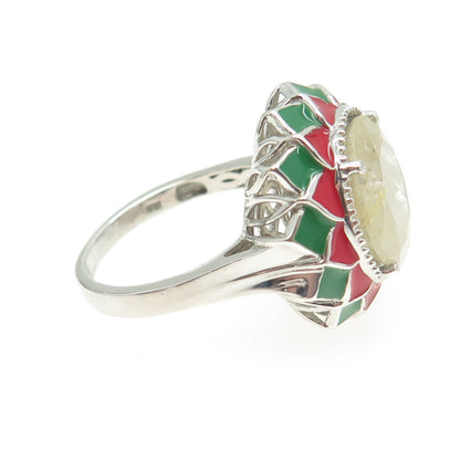 CHUCK CLEMENCY 925 Sterling Silver Real Rutilated Quartz Enamel Ring Size 11.25