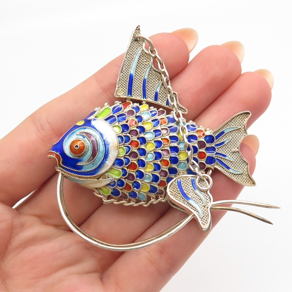 925 Sterling Silver Enamel Antique Chinese Koi Fish Articulated Chatelaine Fob