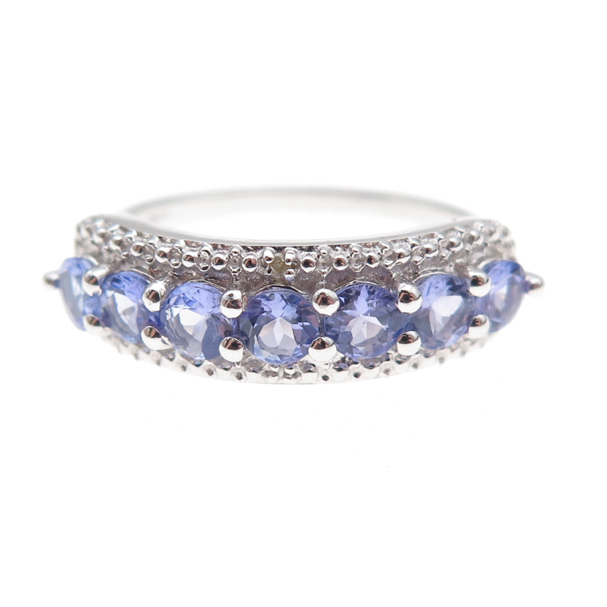 925 Sterling Silver Real Round-Cut Diamond & Tanzanite Ring Size 8