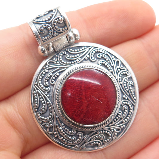 925 Sterling Silver Vintage Real Coral Granulated Oxidized Pendant