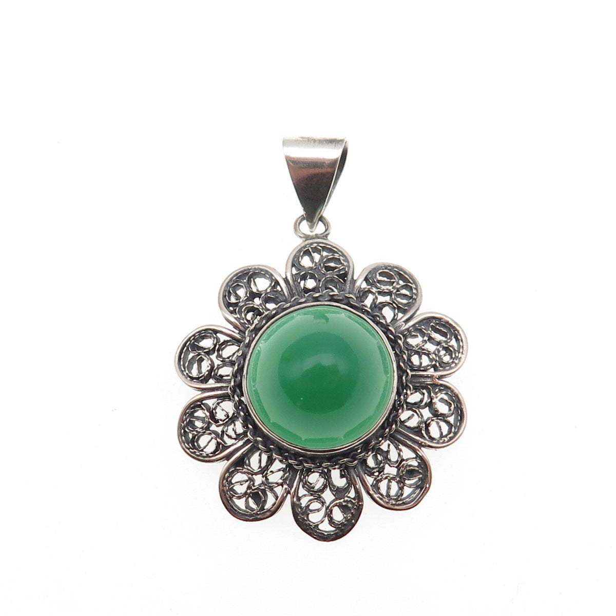 800 Silver Vintage Real Green Onyx Floral Filigree Oxidized Charm Pendant
