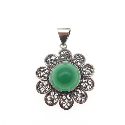 800 Silver Vintage Real Green Onyx Floral Filigree Oxidized Charm Pendant