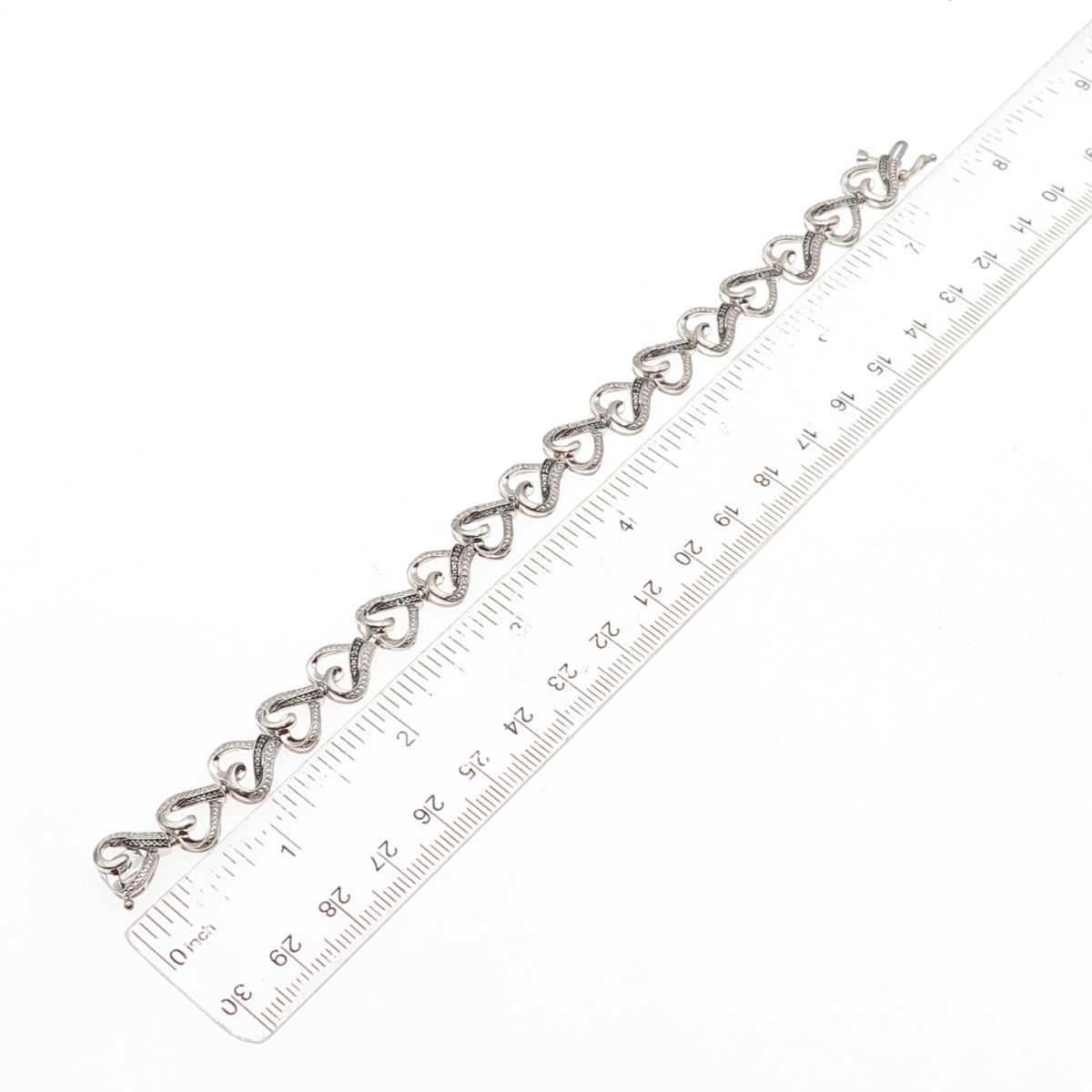 925 Sterling Silver Real Black & White Diamond Heart Link Bracelet 7.25"