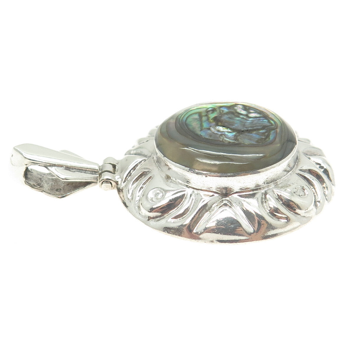 925 Sterling Silver Vintage Mexico Real Abalone Shell Round Pendant